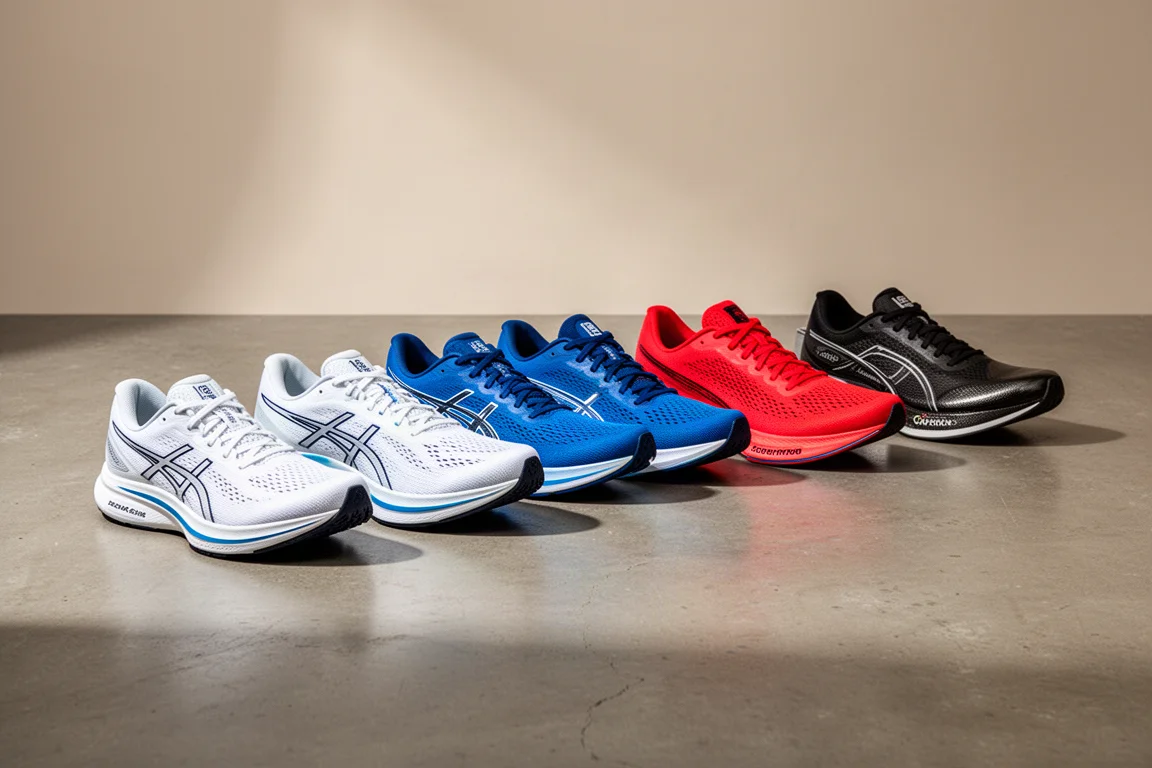 A row of running shoes in varied colorways on a concrete studio floor