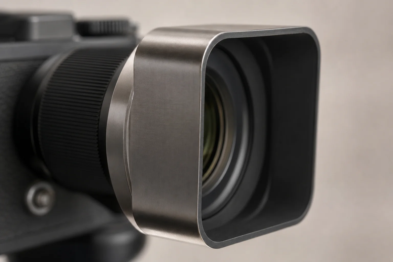 Close-up detail of brushed metal lens hood mounted on camera lens