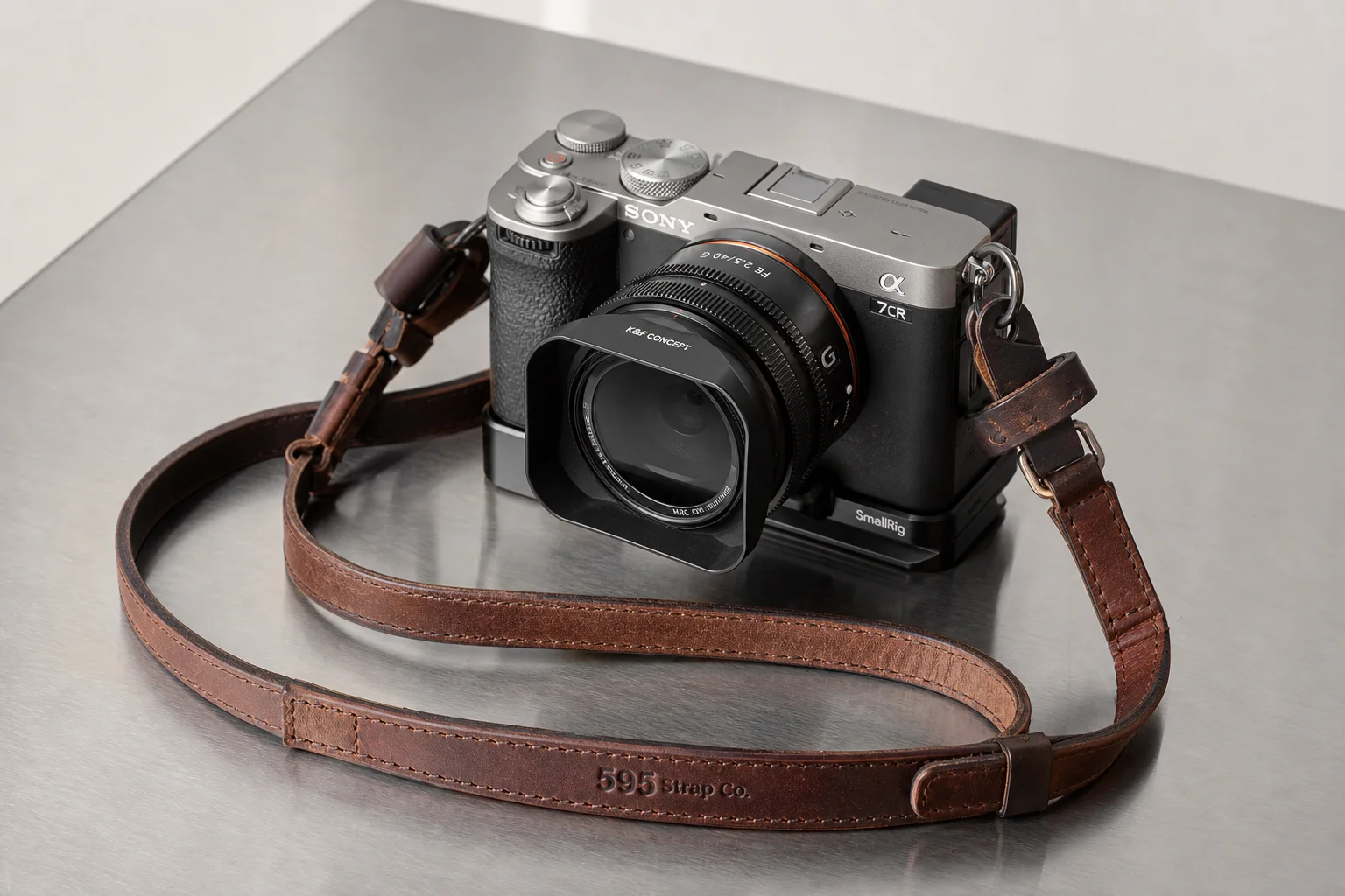 Sony A7CR 相機、鏡頭、遮光罩、背帶及配件在金屬拉絲表面上的完整街頭攝影配置