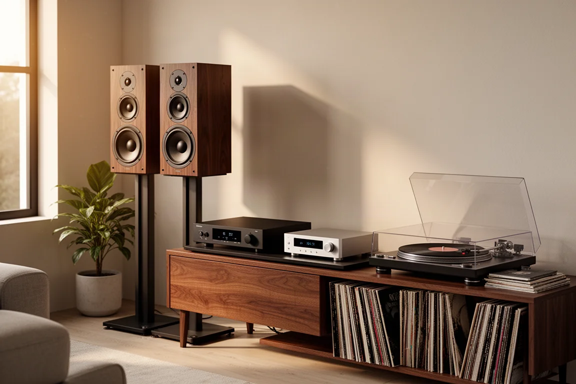 Complete stereo system with bookshelf speakers, amplifier, DAC, and turntable in a living room