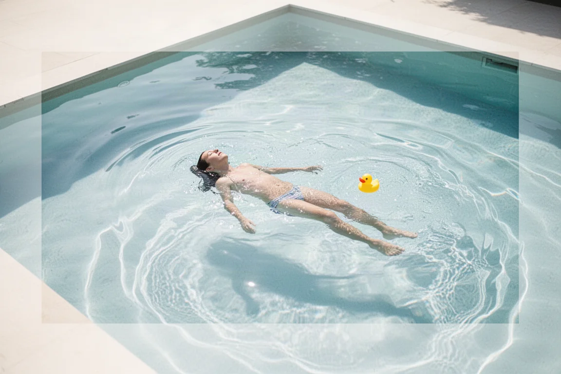 Overhead view of a pool with a floating swimmer and rubber ducky