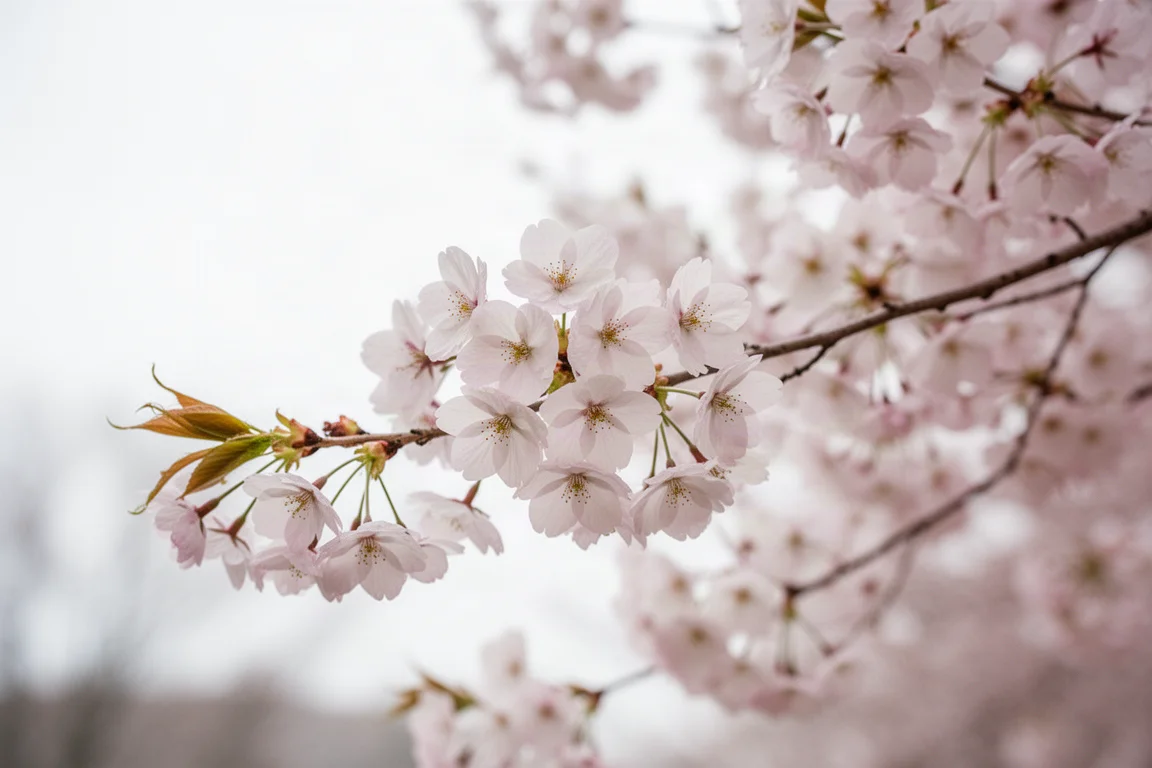 Cherry blossom branches in soft pink bloom against a pale sky