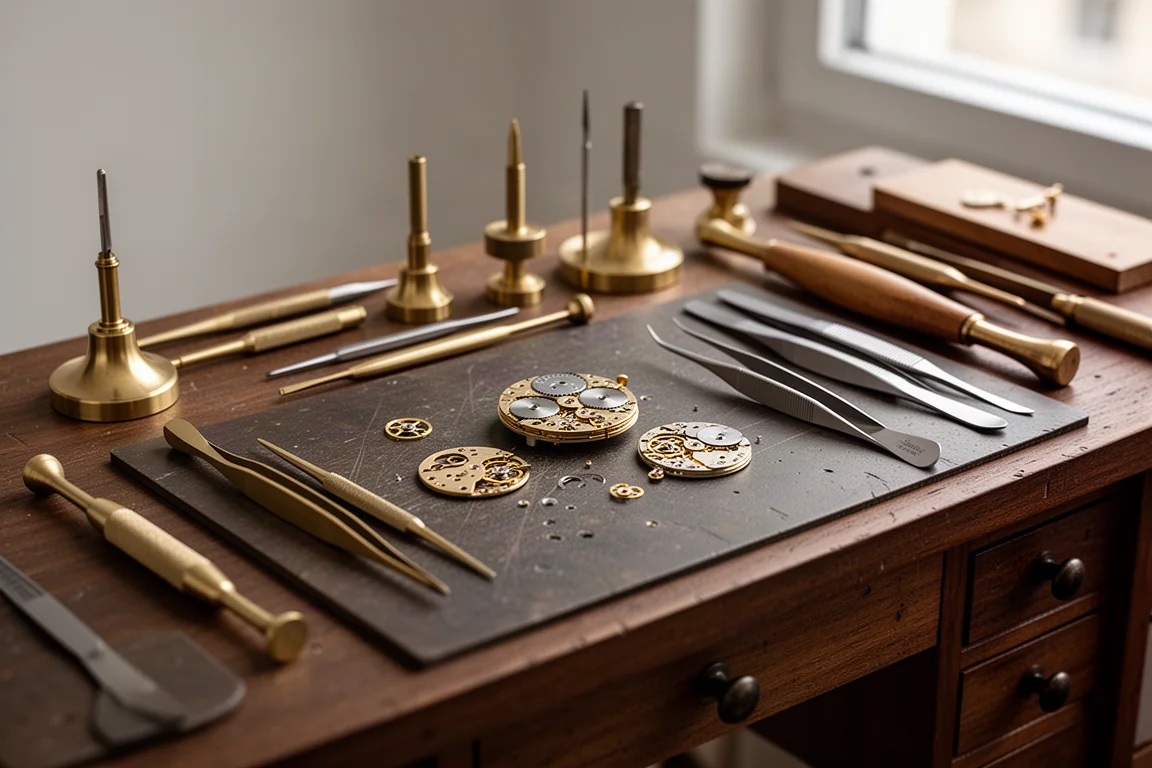 Traditional German watchmaking workshop with tools and movement parts