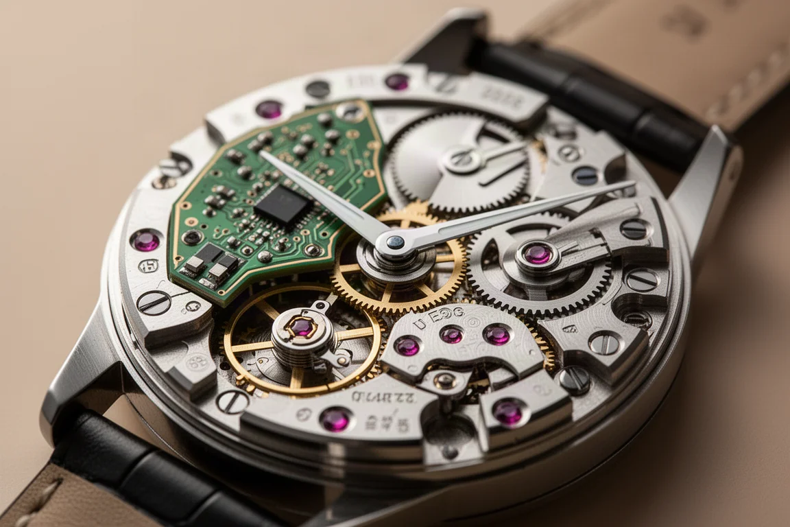 Close-up of a quartz watch movement with visible gears and circuit board