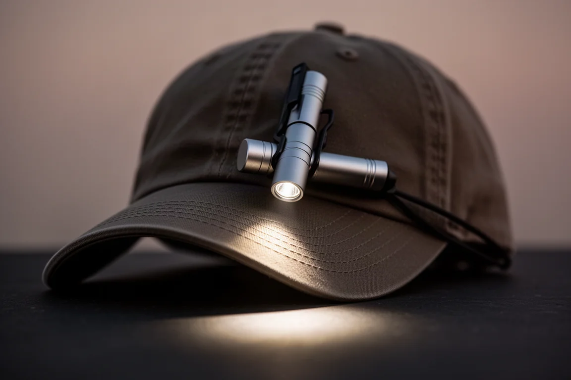 Una linterna delgada de titanio enganchada al visor de una gorra de béisbol proyectando un haz de luz