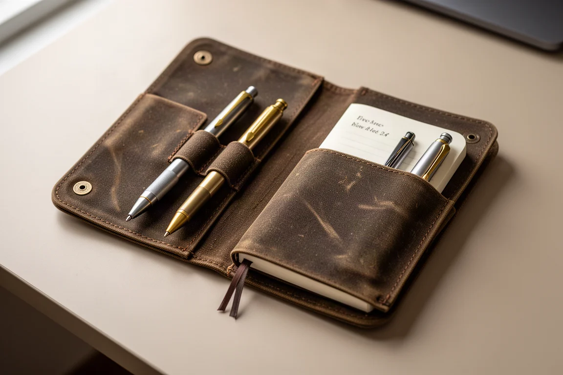 Una funda de cuaderno de lona encerada con dos bolígrafos guardados en bolsillos integrados