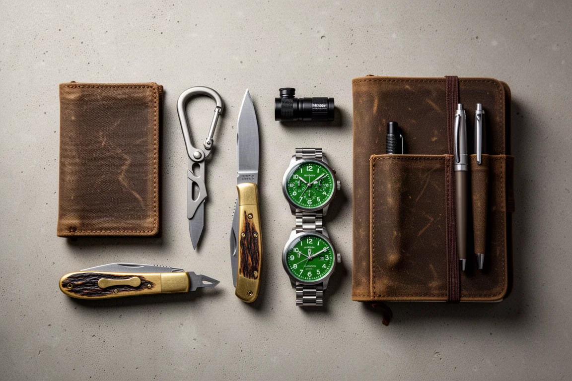 Flat-lay of an everyday carry kit including wallet, carabiner, knife, flashlight, watch, and journal on concrete