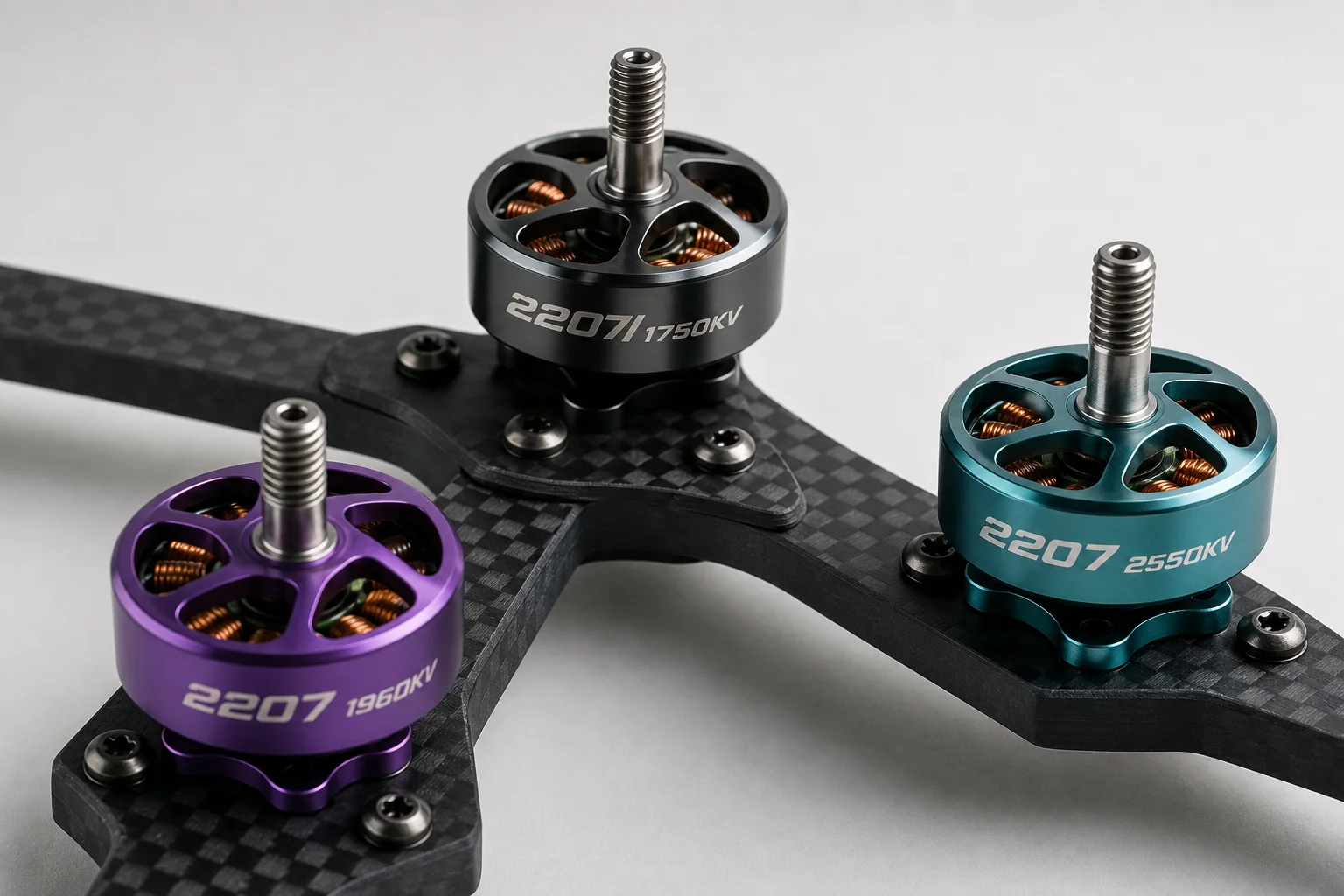 FPV drone motors mounted on frame arms with visible KV rating and color finish