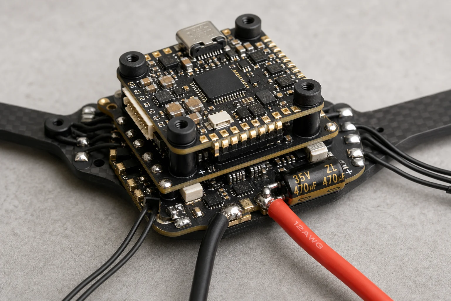 Electronics stack assembly showing flight controller, ESC, and capacitor soldering