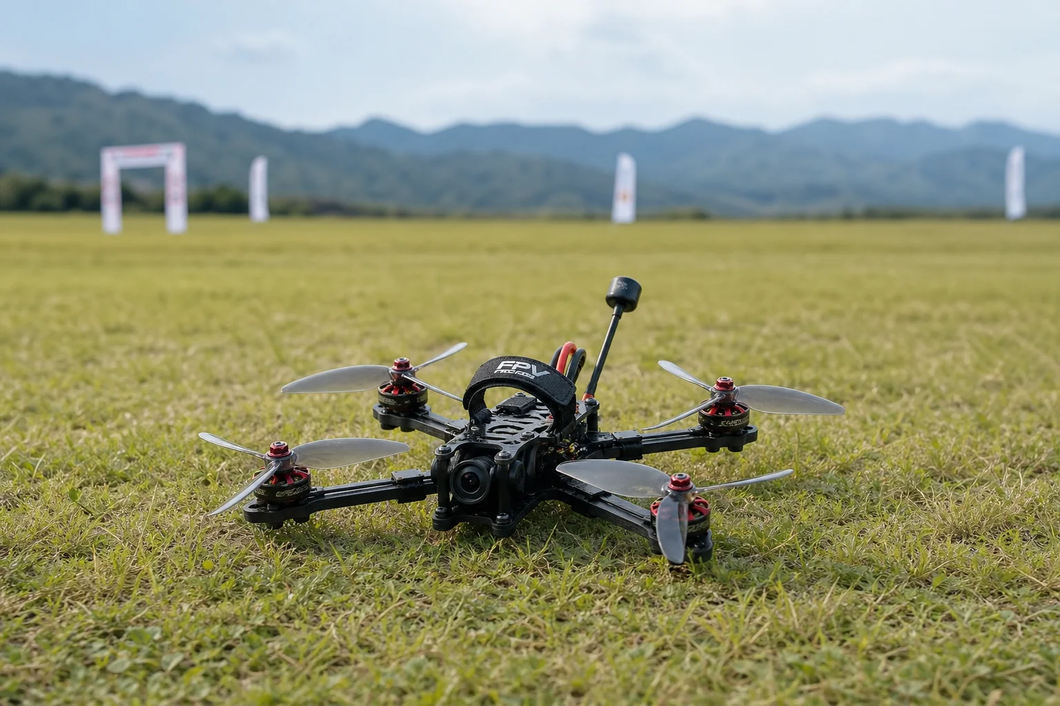 Completed FPV drone ready for first test flight on outdoor grass field