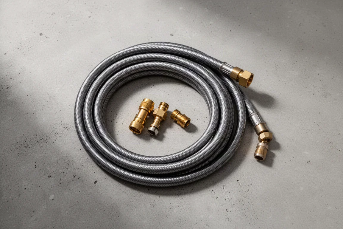 Upprullad stel högtrycksslang bredvid snabpkopplingar av quick-connect-typ