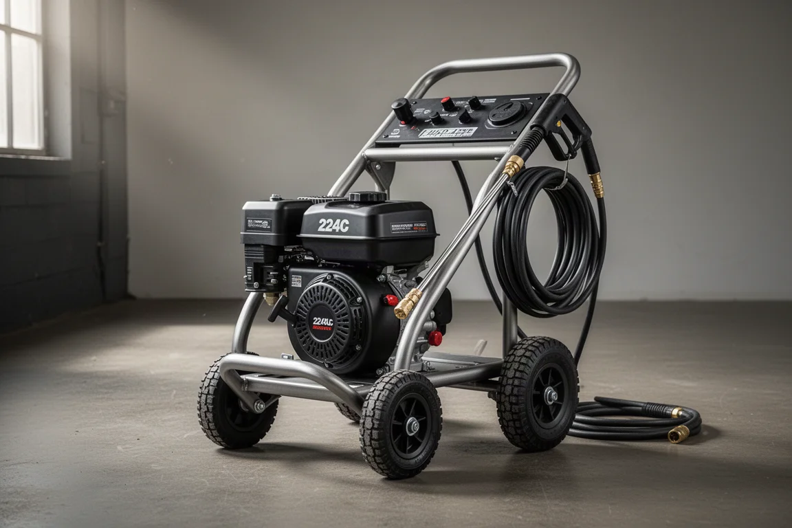 Gas-powered Built Hard pressure washer on a concrete workshop floor