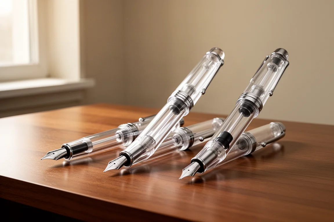 Three transparent demonstrator fountain pens lying side by side on a desk