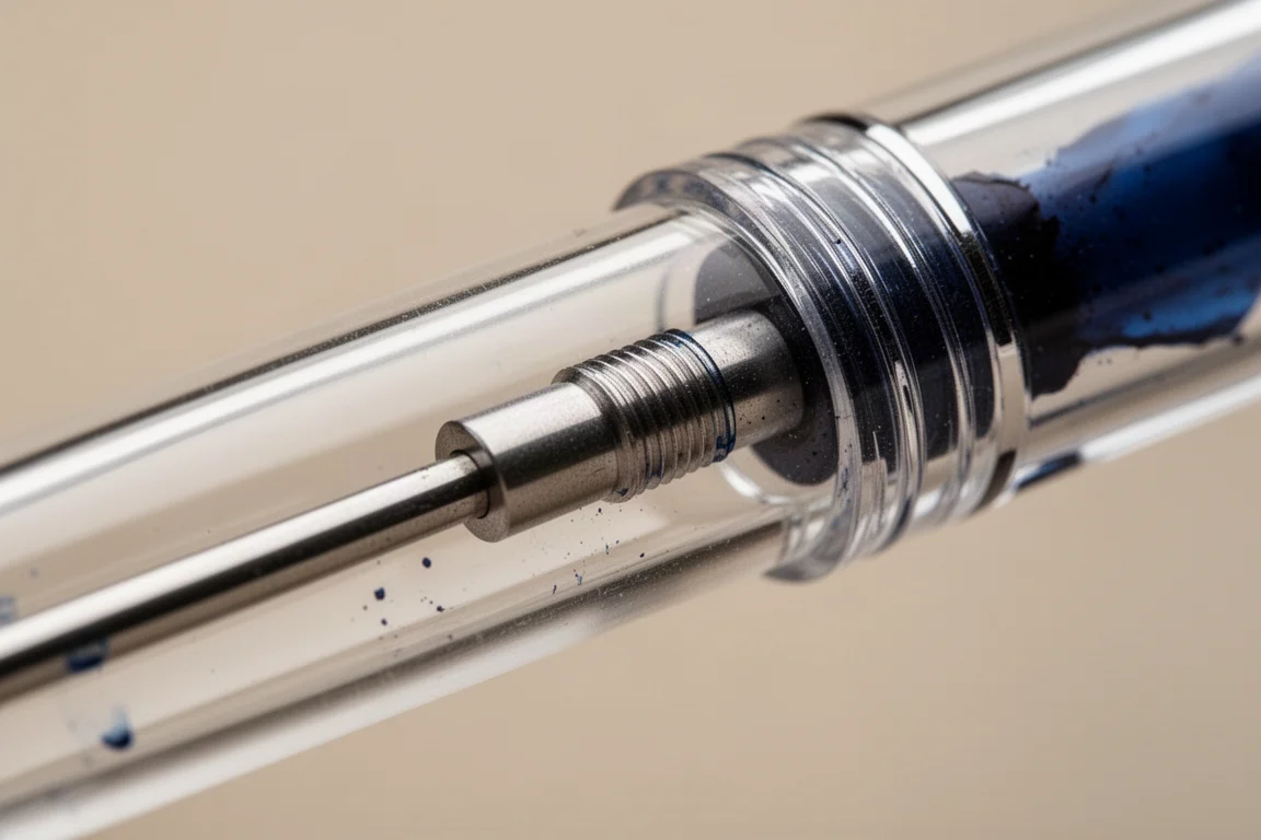 Close-up of a plunger rod and piston seal inside a clear fountain pen barrel