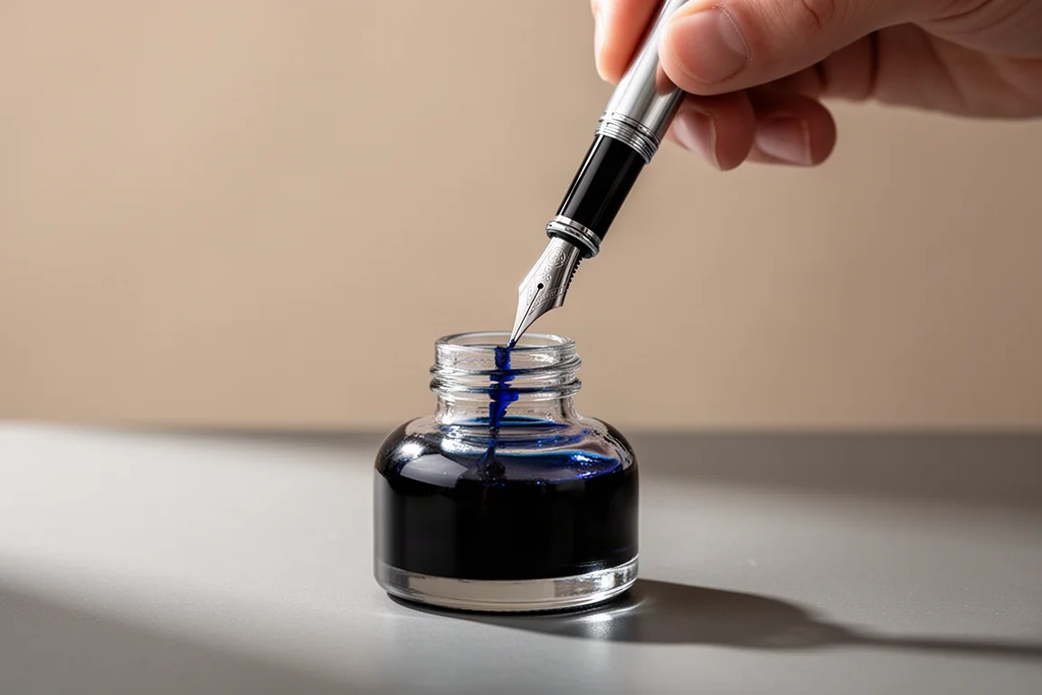 Fountain pen nib drawing ink from a glass ink bottle