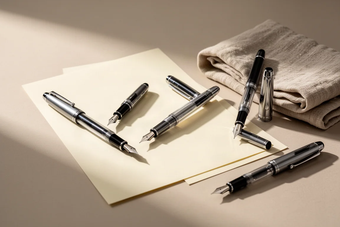 Hand resting near three large fountain pens on a writing desk with paper