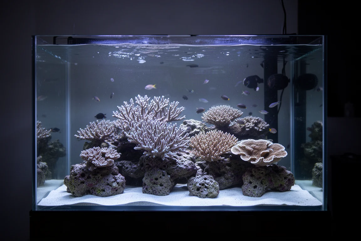 Mature mixed reef aquarium lit with blue-white light and coral colonies