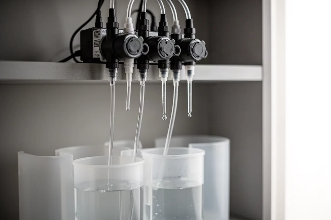 Aquarium dosing pump with clear tubing drawing solution from a container