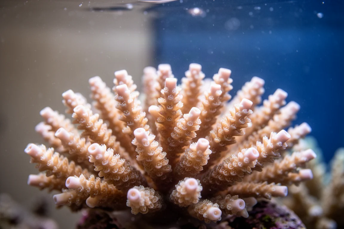 Macro view of branching stony coral polyps in a reef aquarium