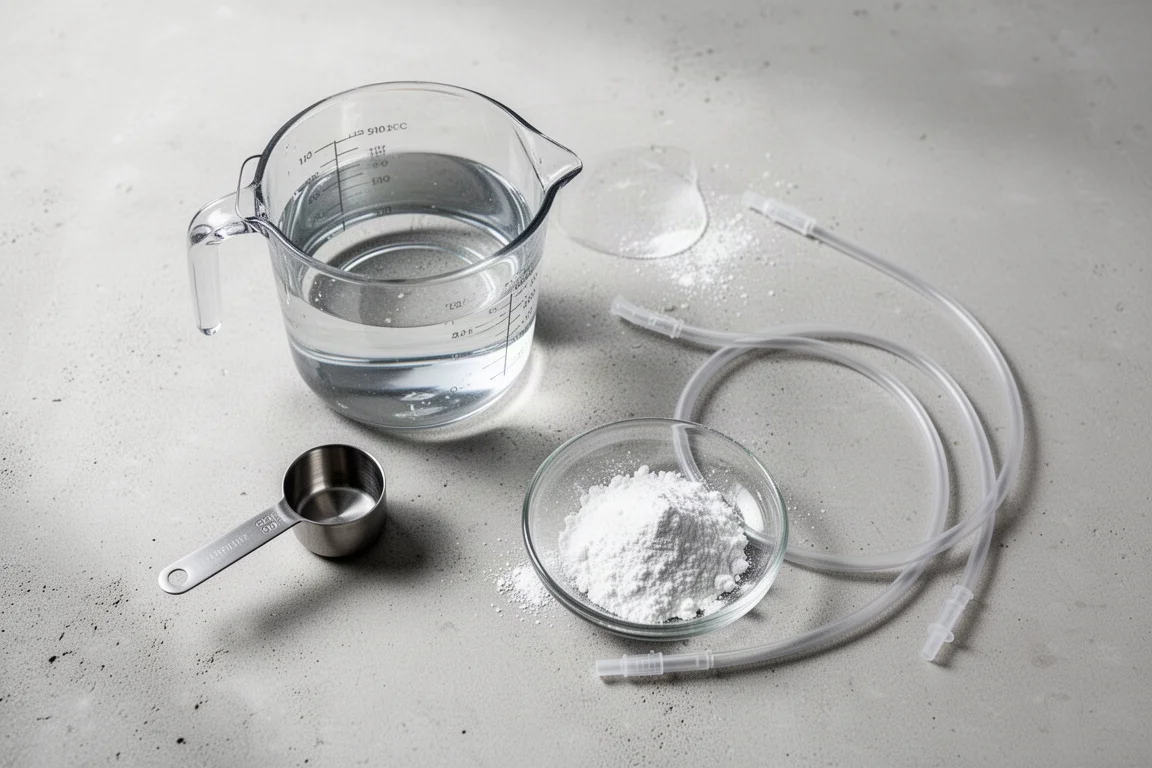 Overhead flat lay of a mixing pitcher, measuring scoop and dosing tubing