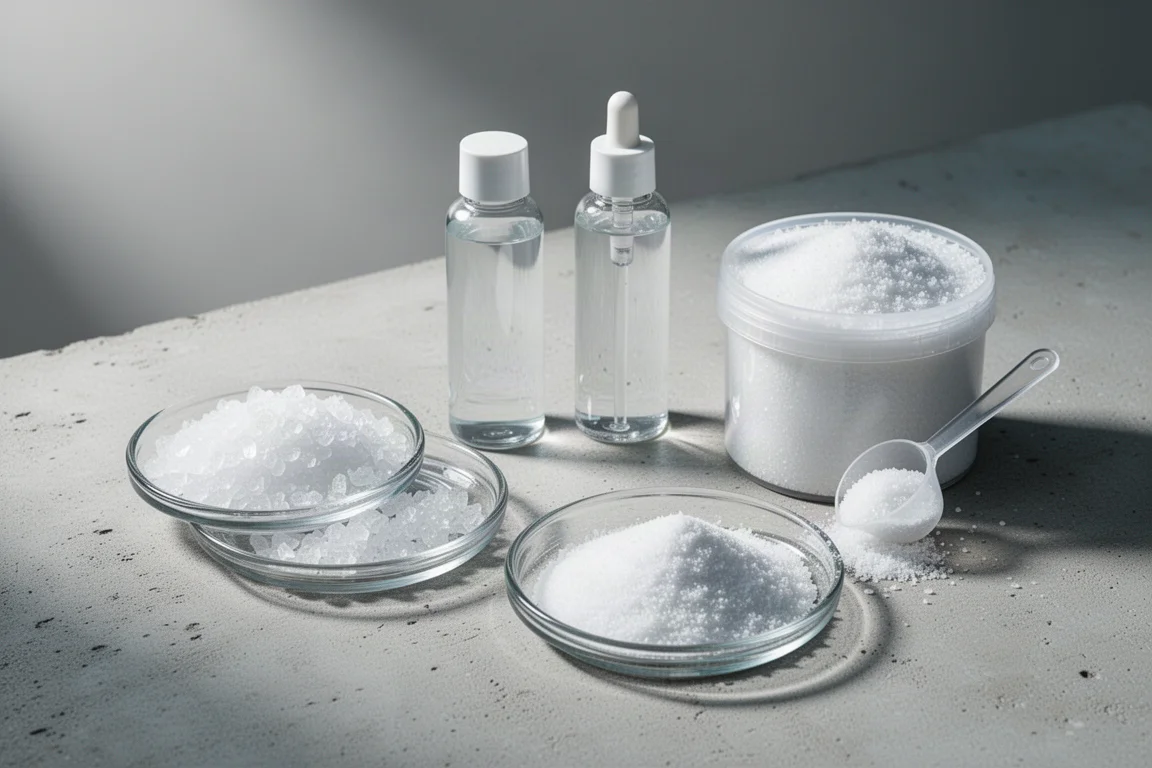 Reef aquarium dosing components arranged on a pale concrete surface
