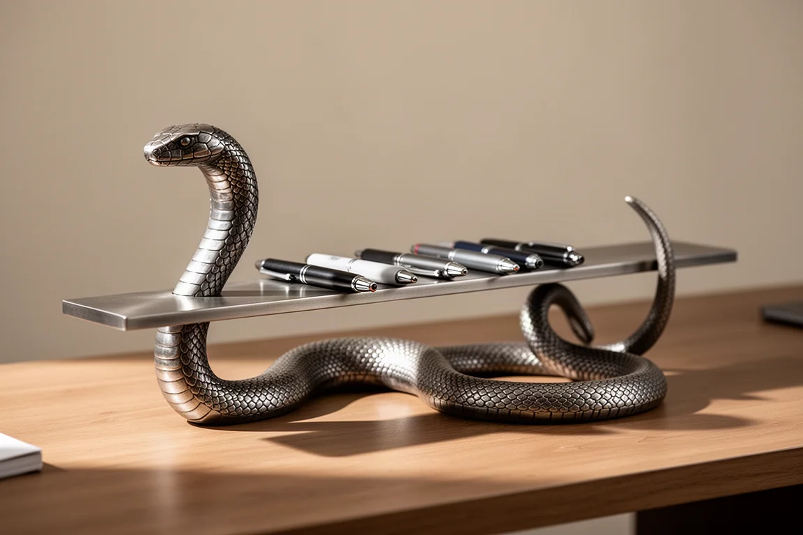 Soporte expositor de metal con forma de serpiente que sostiene bolígrafos sobre un riel plano entre cabeza y cola