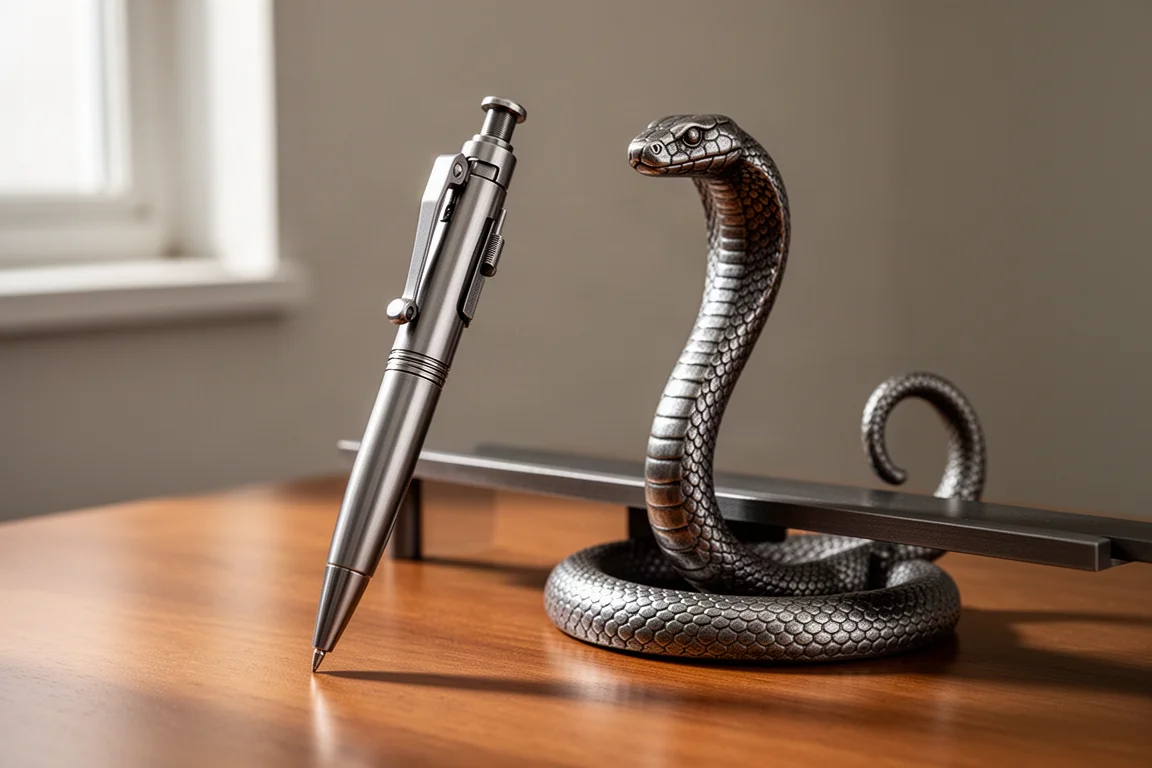 Bolt-action pen and snake-shaped metal display stand on a wooden desk