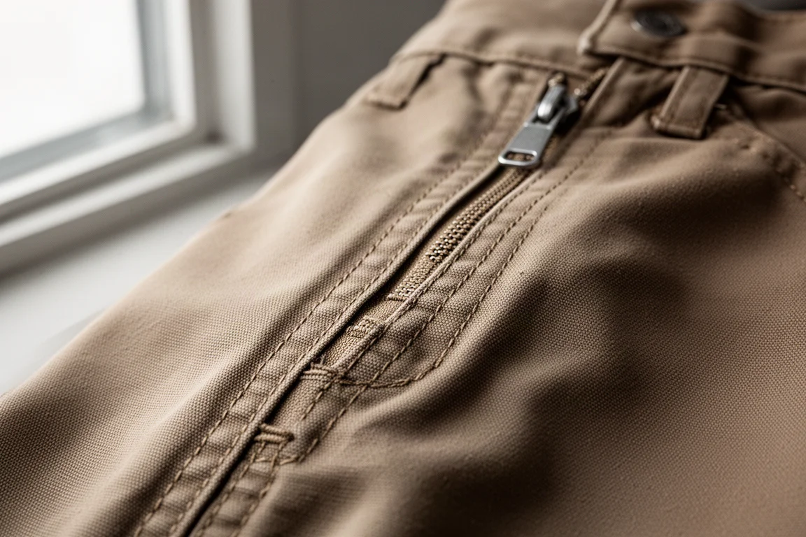Gros plan sur le tissu du pantalon de travail ignifugé avec de solides surpiqûres doubles