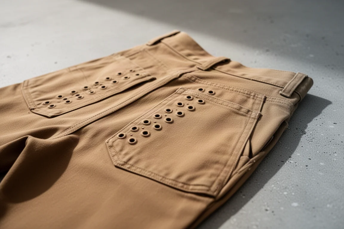 Pantalon de travail testé face à une flamme nue avec une légère marque de brûlure visible