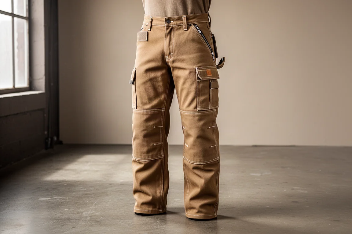 Pantalon de travail ignifugé beige sur le sol en béton d'un atelier