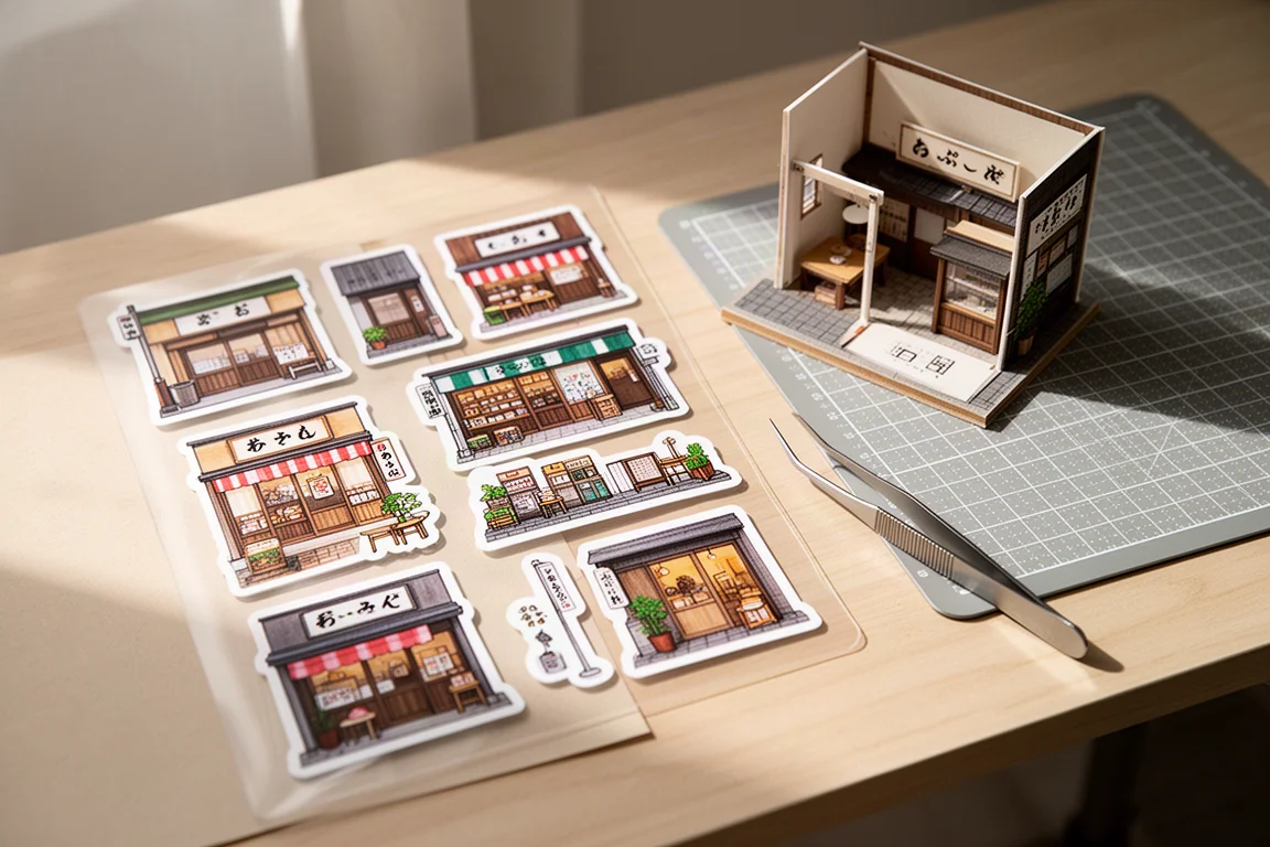 Transparante stickervellen met kleine diorama-gebouwen, naast een craftmes op een bureau gelegd