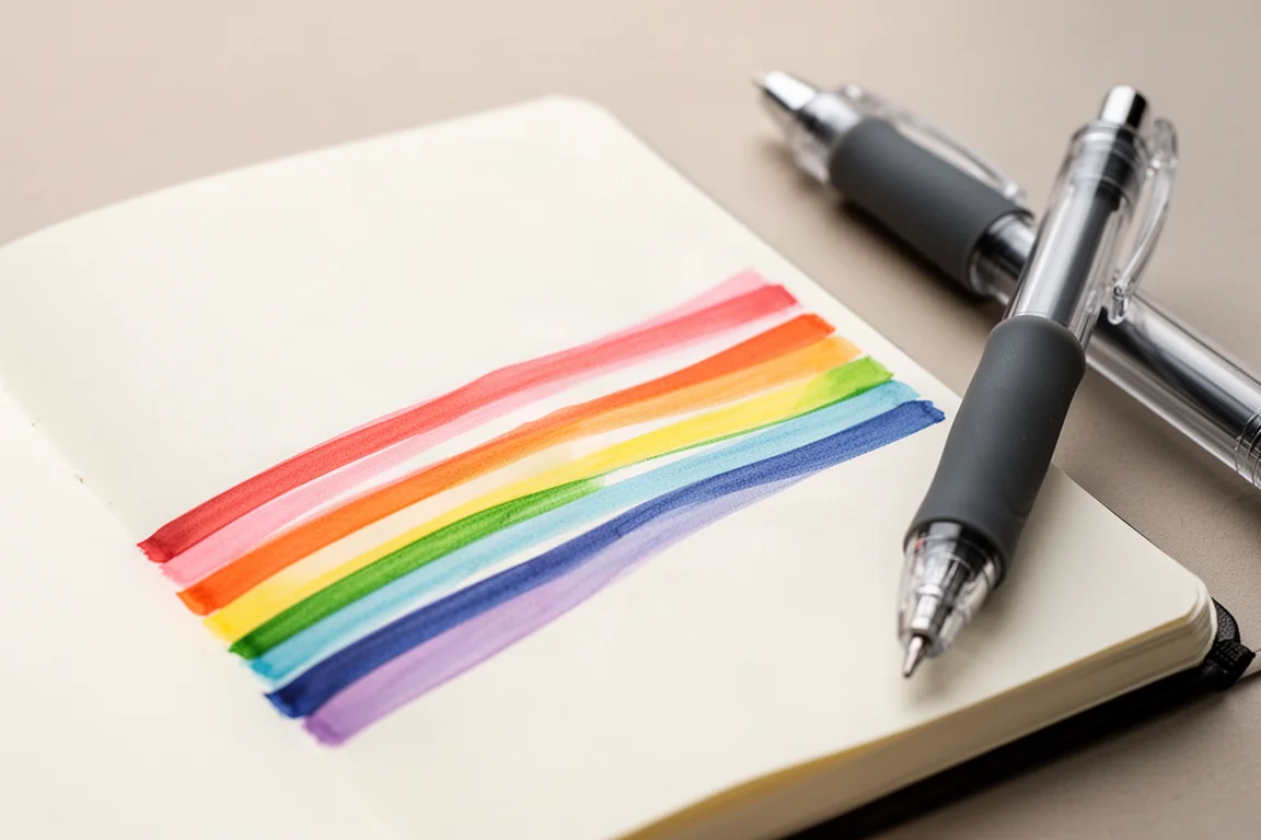Levendige gelpen-inktlijnen getekend op een gladde notitieboekpagina