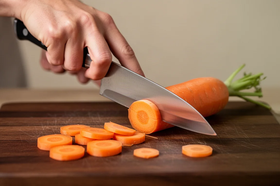 Chef's hand slicing a carrot on a wooden cutting board with a Japanese knife