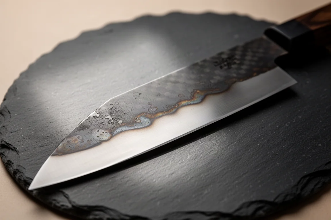 A bunka knife blade showing a dark reactive carbon steel surface