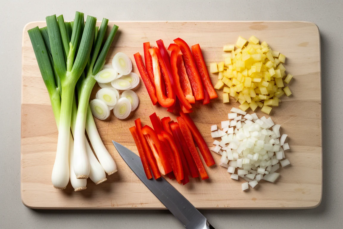 Sliced scallions and bell peppers arranged on a cutting board