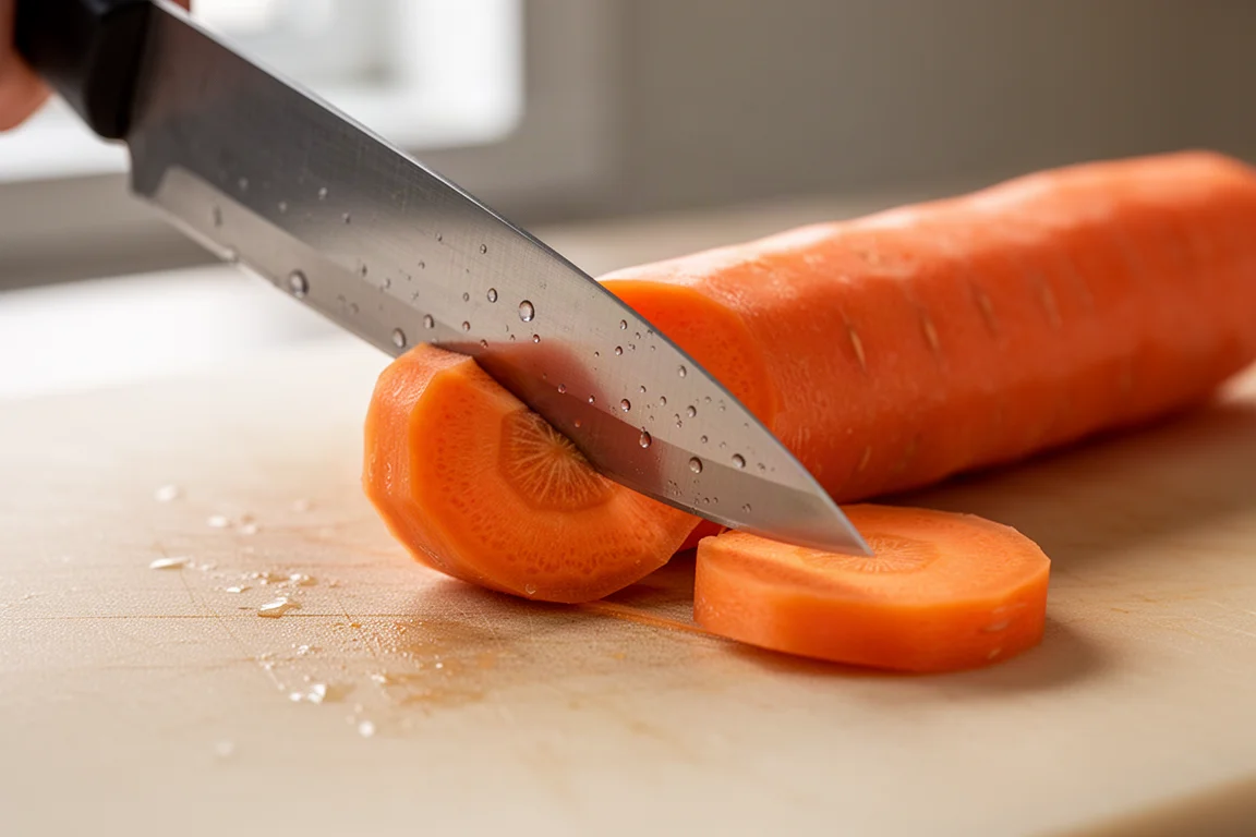 Close-up of a thin knife edge making a clean push cut through a carrot