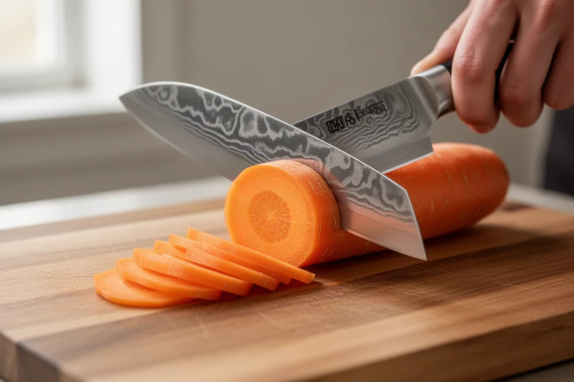 Die Hand eines Kochs schneidet mit einem Bunka-Messer eine Karotte auf einem Schneidebrett