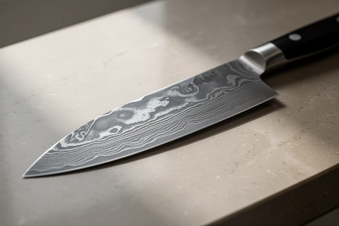 Nahaufnahme einer Damast-Klinge mit Lichtreflexen auf einer Küchenarbeitsplatte