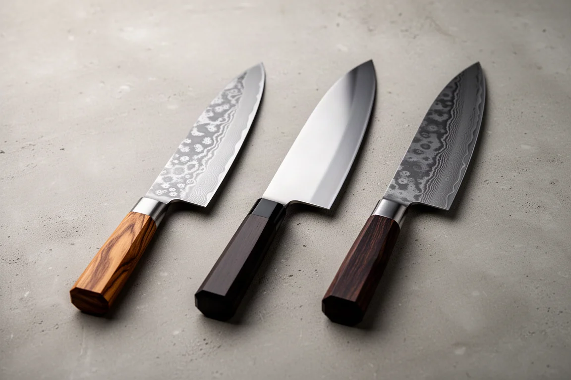 Three bunka knives with octagonal handles lined up on a concrete surface