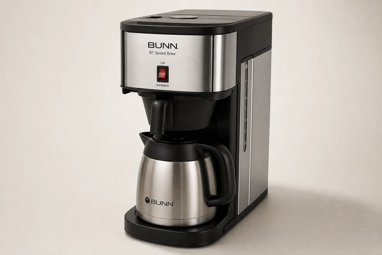 Cinque macchine da caffè Bunn Speed Brew in varie finiture disposte su uno sfondo grigio