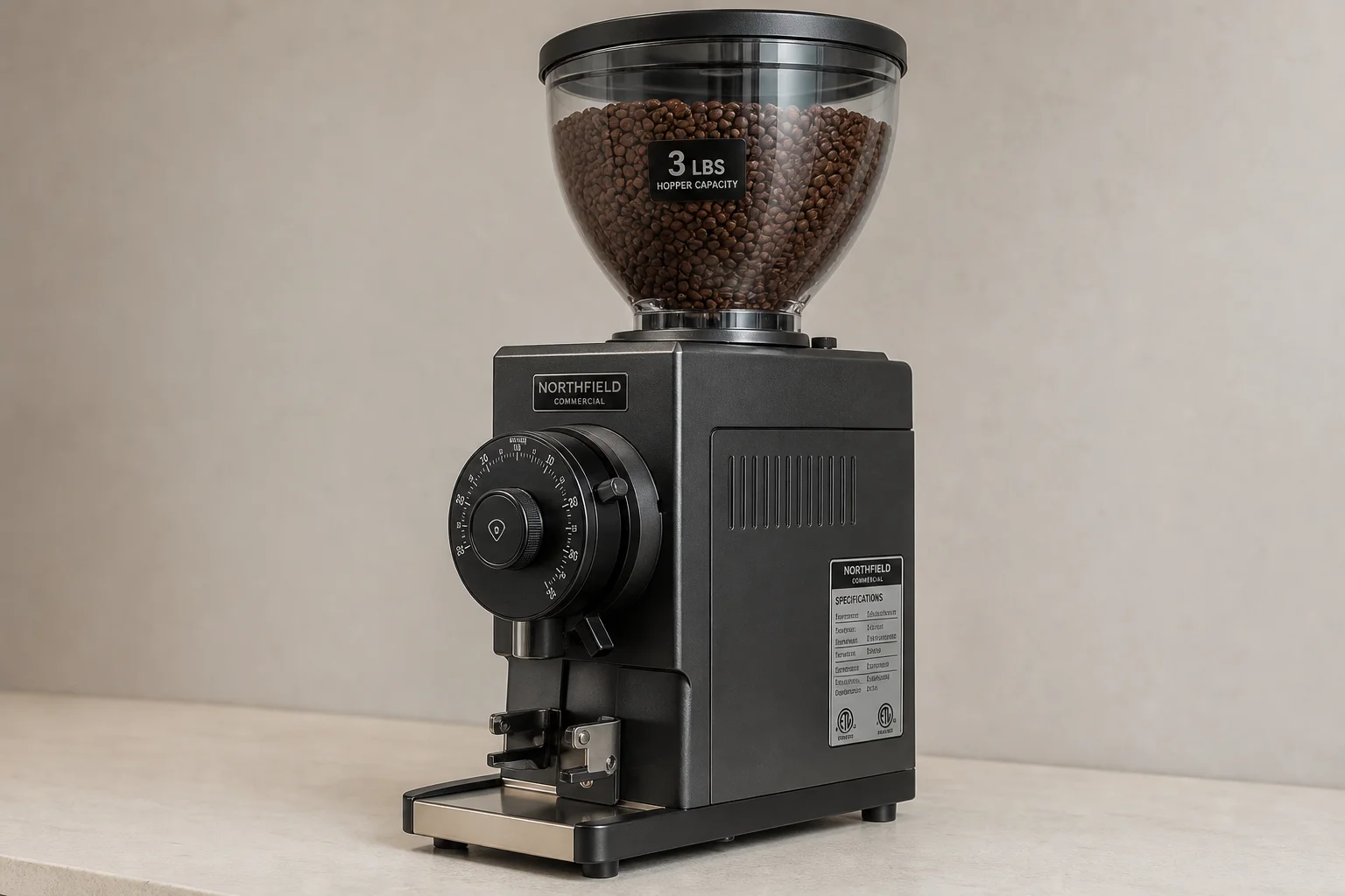 Five coffee grinders from budget electric to commercial bulk models arranged on concrete