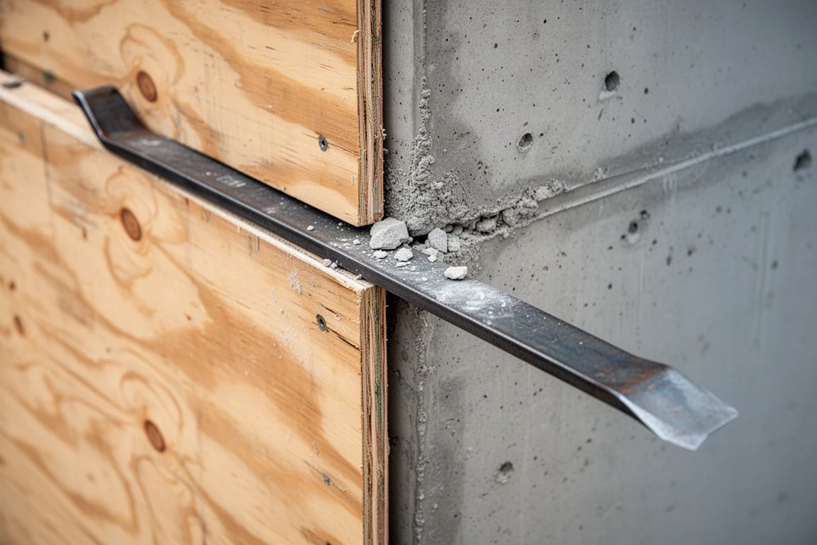 Betonwand-Schalungen werden auf einer Baustelle mit einem flachen Brecheisen gelöst