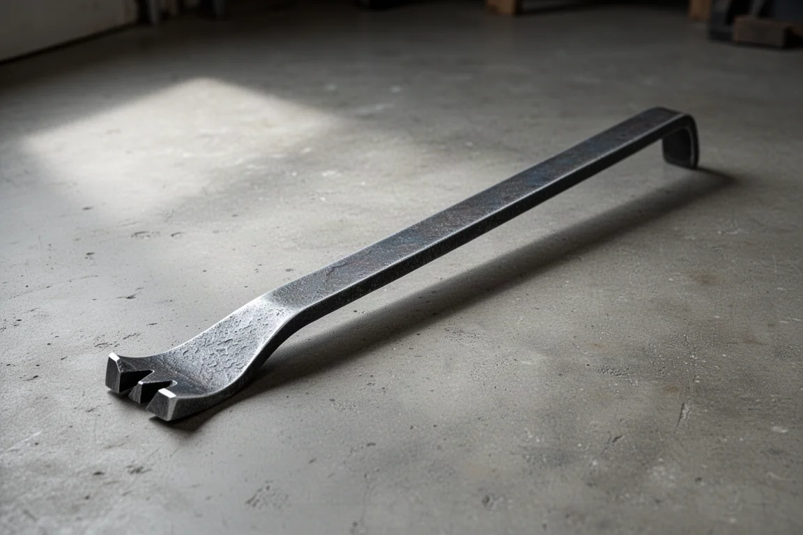 Long steel flat pry bar on a concrete workshop floor
