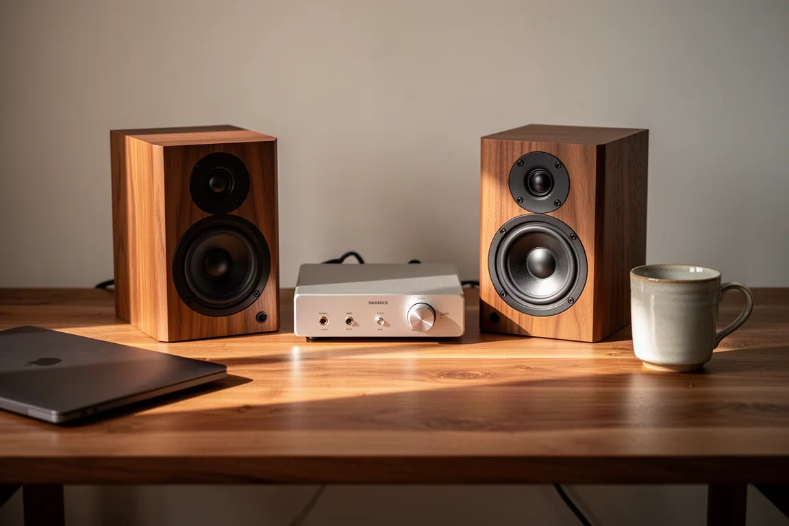 Installation hi-fi compacte de bureau avec de petites enceintes bibliothèque et un amplificateur sur un bureau en bois