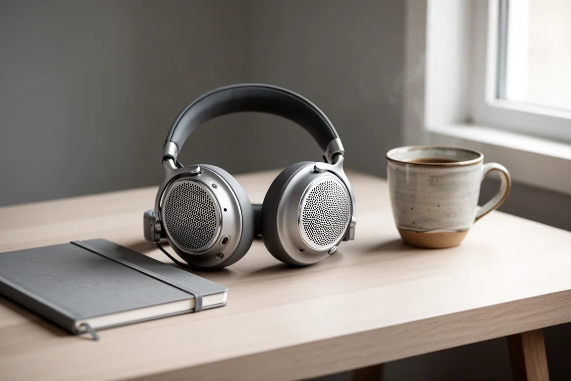 Casque supra-auriculaire ouvert posé sur un bureau à côté d'un carnet et d'une tasse de café