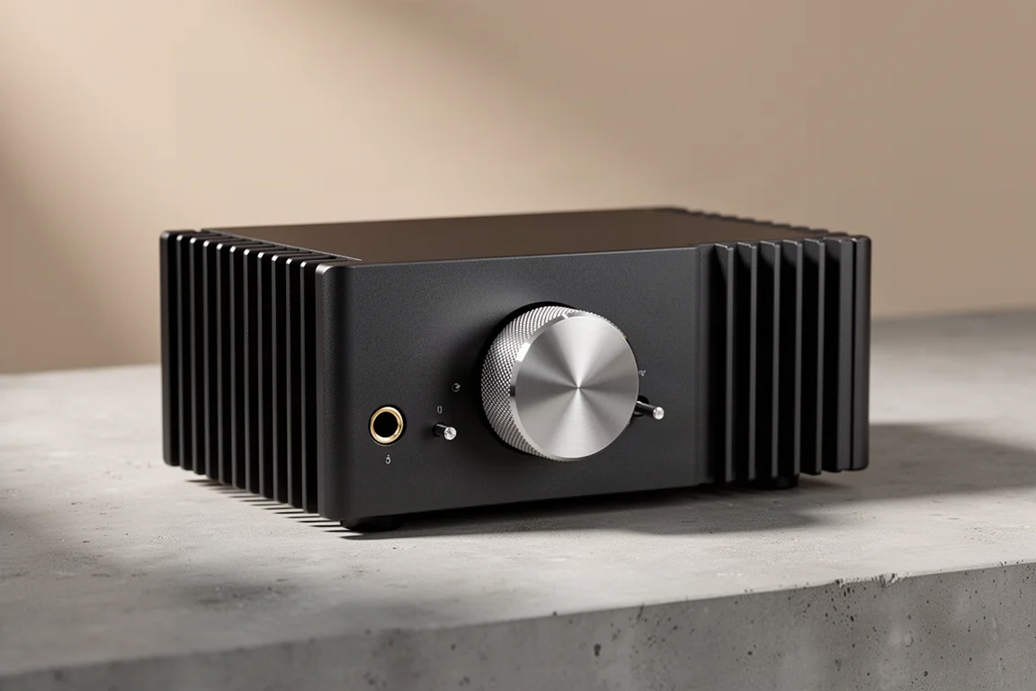 Compact black aluminium desktop amplifier with heat sink fins and knurled volume knob