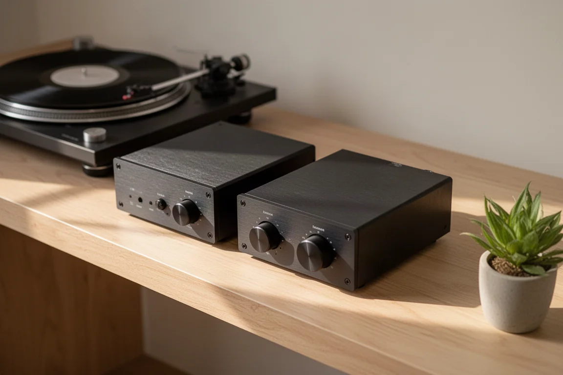 Compact desktop hi-fi system on an oak shelf in warm afternoon window light