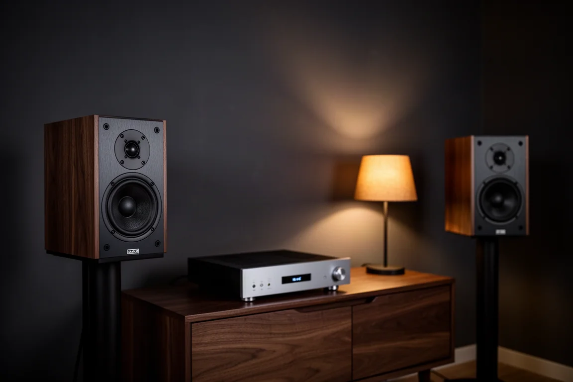 Dim listening room at night with stand-mounted speakers and a single warm lamp