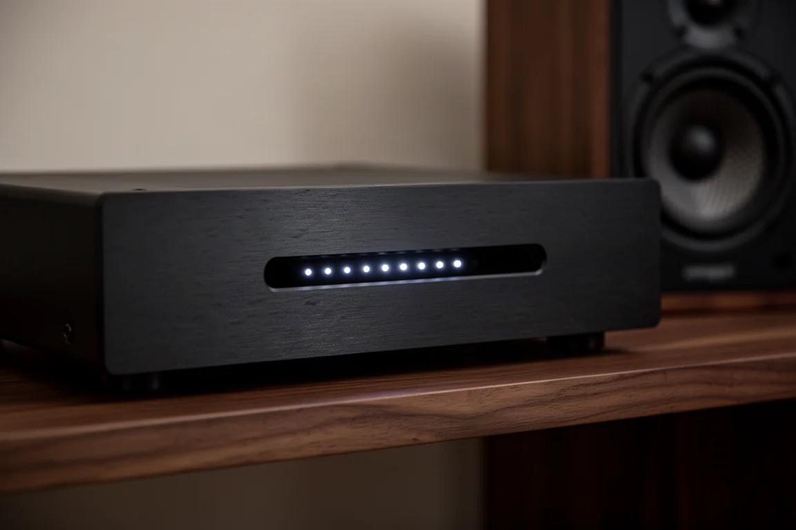 Slim strip of indicator LEDs glowing on a compact amplifier in a dark room