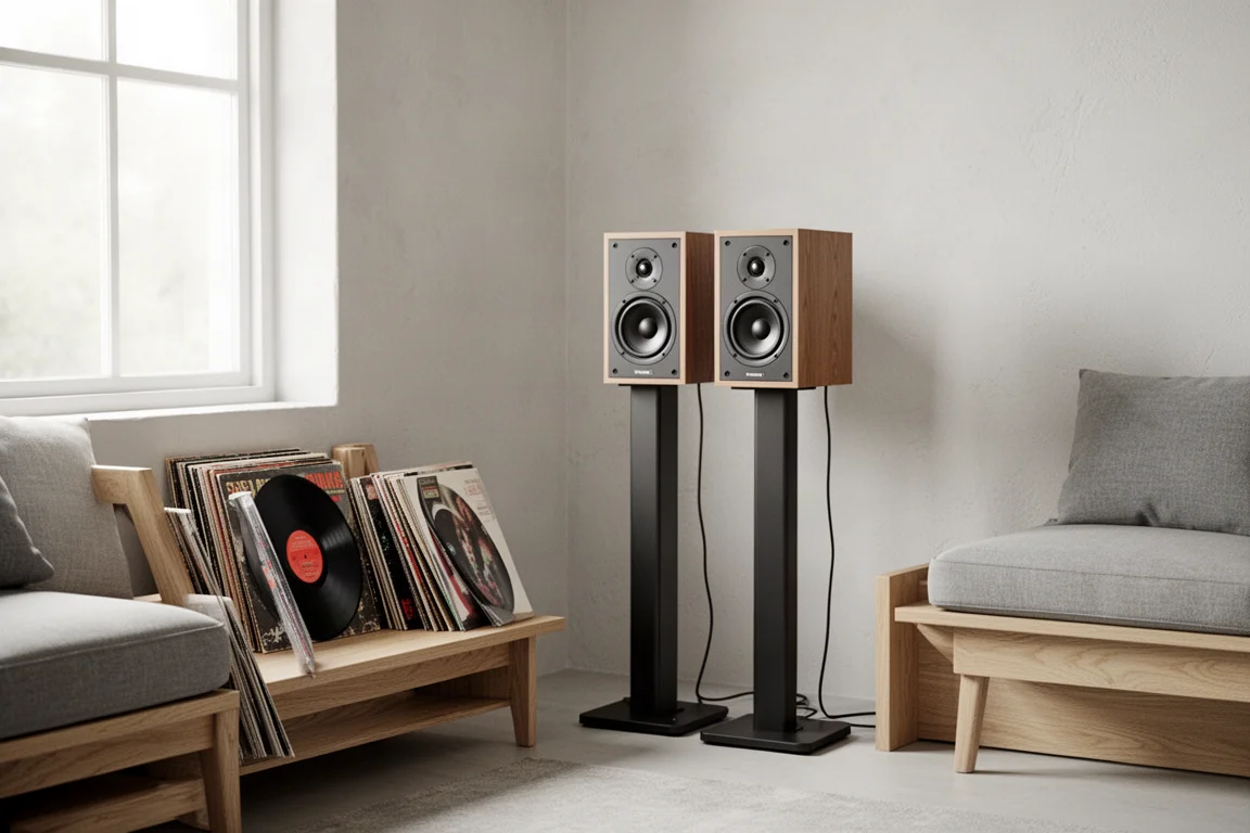 Bookshelf speakers on stands in a bright living room with records on a low shelf